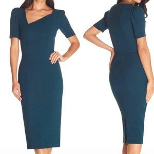 Dress The Population Midi Dress Large Ruth Pine Green Assymetrical Neckline